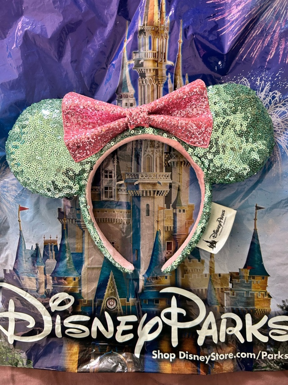 Disney Parks Sequin Minnie Ears Headband - Mint Green & Pink Bow